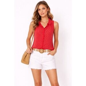 ELLE Red Black Polka Dot Sleeveless Ruffle Button Down Blouse Small‎